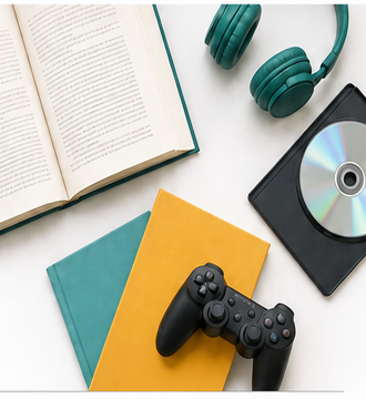 Livre ouvert, casque audio, DVD et manette de jeu évoquant le catalogue de la médiathèque.